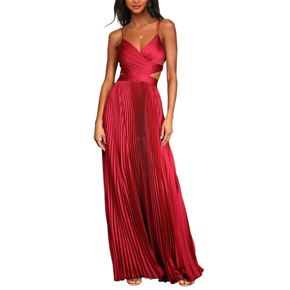 NWT Lulus Got the Glam Wine Red Pleated Cutout Maxi Dress Size M